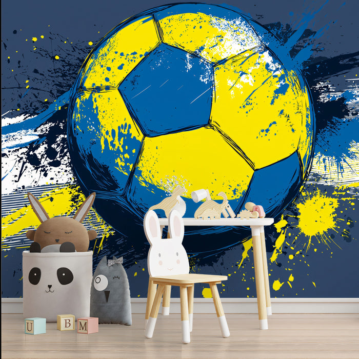 Grunge Swedish Flag Soccer Ball Mural Wallpaper | Blue and Yellow Contrast, Aggressive Splatter, Dynamic Movement