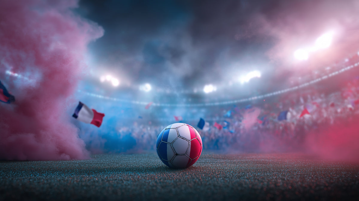 French Flag Smoke Stadium Mural Wallpaper | Cinematic Atmosphere, Red and Blue Fog, Patriotic Sports Drama