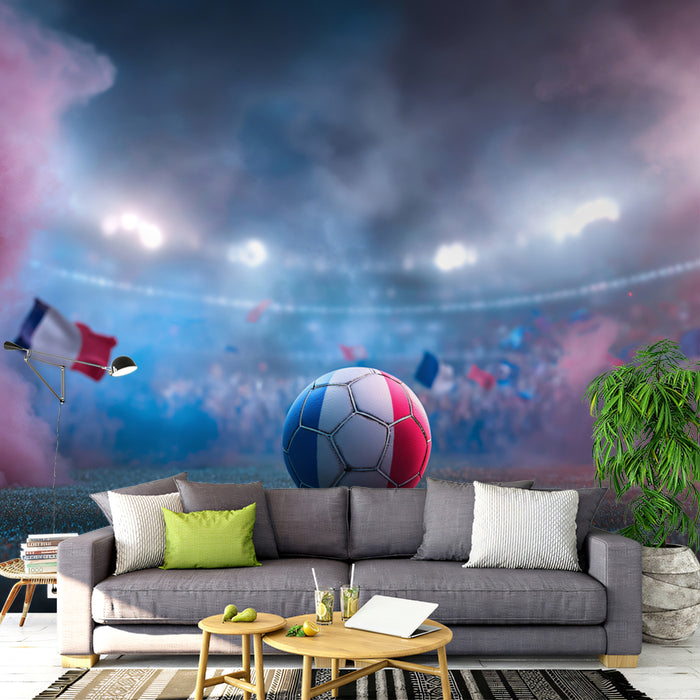 French Flag Smoke Stadium Mural Wallpaper | Cinematic Atmosphere, Red and Blue Fog, Patriotic Sports Drama