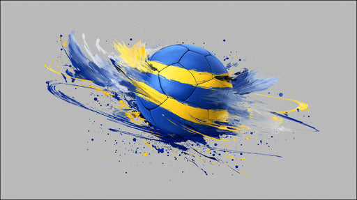 Soccer ball mural design featuring abstract sapphire blue and ochre yellow paint splashes on a light gray background.