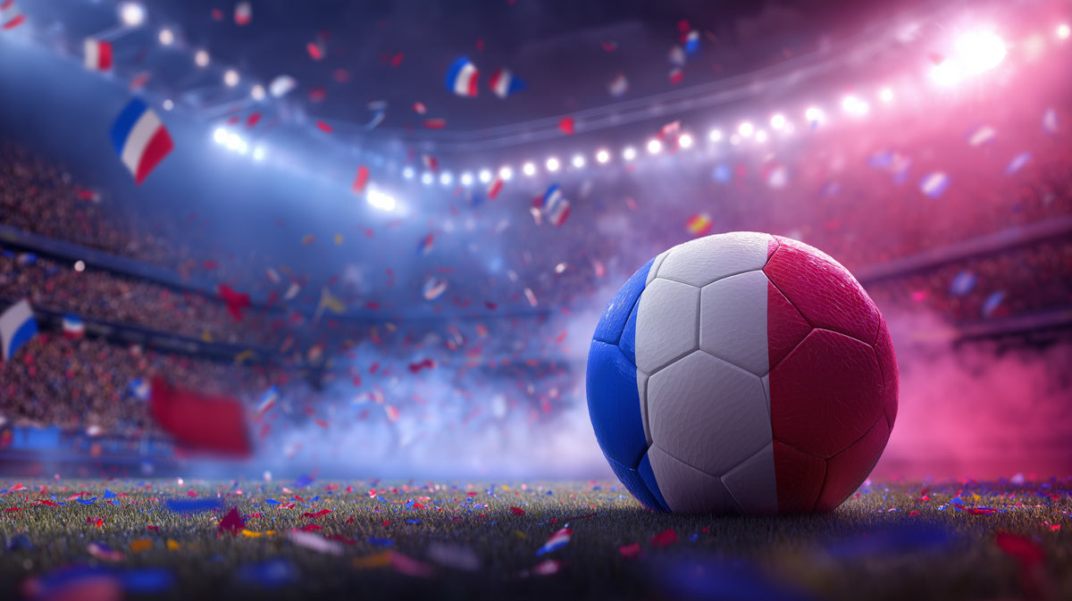 French Celebration Confetti Mural Wallpaper | Tricolore Ball, Stadium Action, Red and Blue Lighting