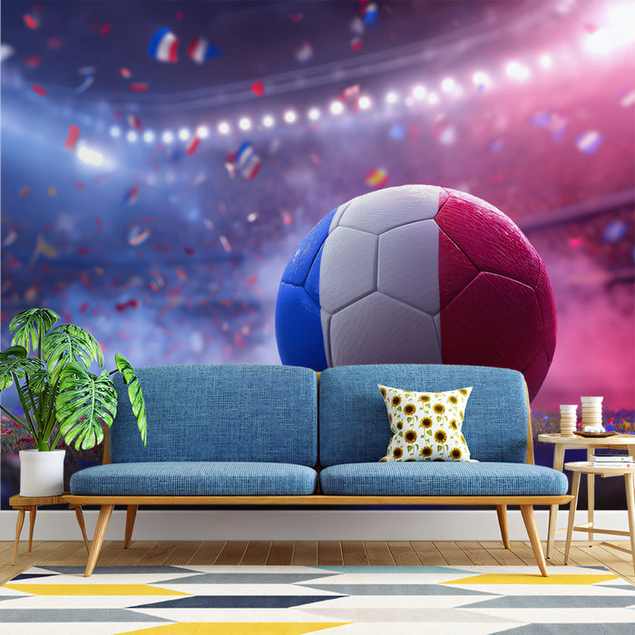 French Celebration Confetti Mural Wallpaper | Tricolore Ball, Stadium Action, Red and Blue Lighting