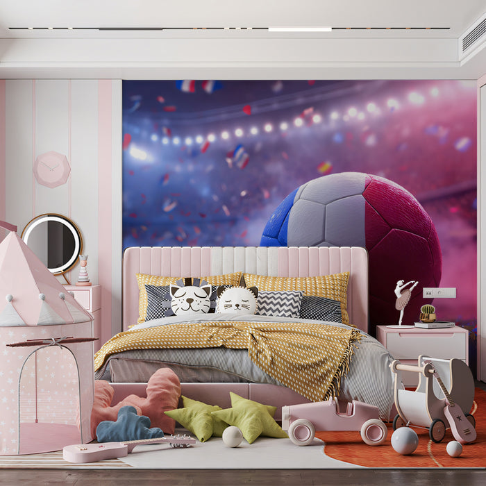 French Celebration Confetti Mural Wallpaper | Tricolore Ball, Stadium Action, Red and Blue Lighting