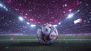 Close up of a weathered soccer ball on stadium grass with glowing night stadium lights and magenta bokeh background