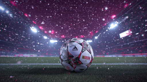Close up of a weathered soccer ball on stadium grass with glowing night stadium lights and magenta bokeh background