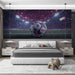 A bedroom with a sports themed wall mural creating an energetic atmosphere