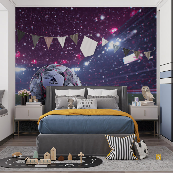 Dramatic Match Night Snow Mural Wallpaper | Red Arena Lighting, Detailed Football, Intense Sports Atmosphere