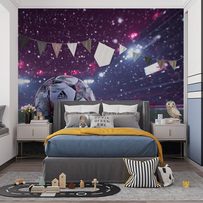 A home theatre room featuring a dramatic stadium mural wallpaper for a sports lover