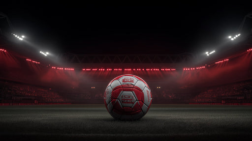 A central football graphic with red and silver panels centered on a dark stadium field background