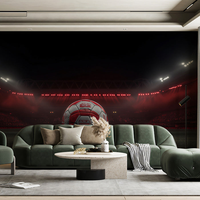 A game day basement lounge decorated with a bold stadium football mural