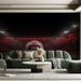 A game day basement lounge decorated with a bold stadium football mural
