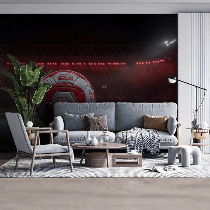 Red Spotlight Soccer Ball Mural Wallpaper | Dark Stadium, Central Focus, Monochromatic Red Drama