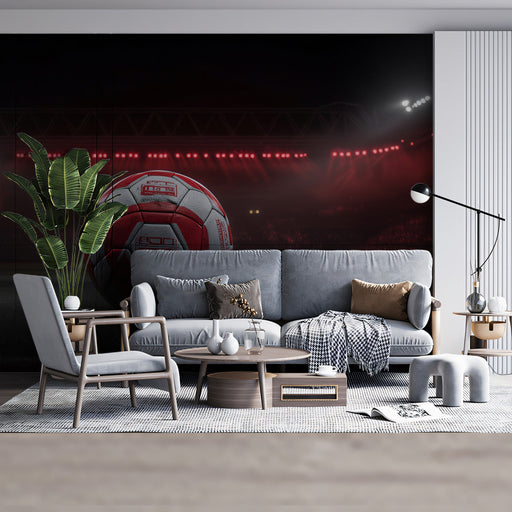 Close up of a sports-themed living room featuring a stadium wallpaper mural