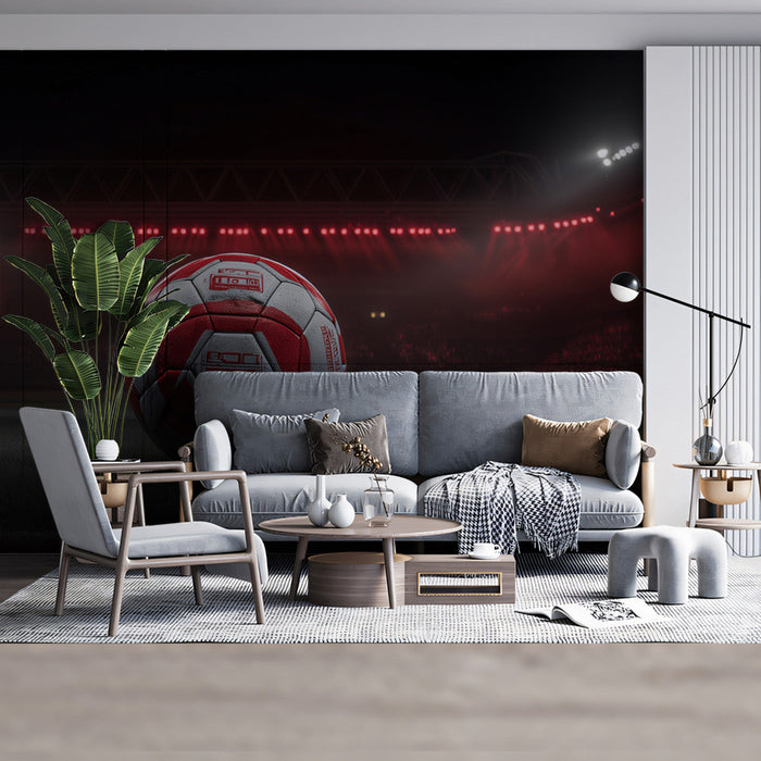 Close up of a sports-themed living room featuring a stadium wallpaper mural