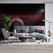 Close up of a sports-themed living room featuring a stadium wallpaper mural