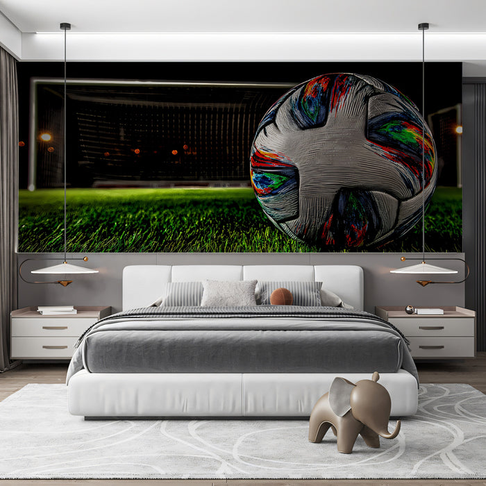 Multicolor Texture Soccer Ball Mural Wallpaper | Abstract Splatter, Night Match, High-Contrast Field