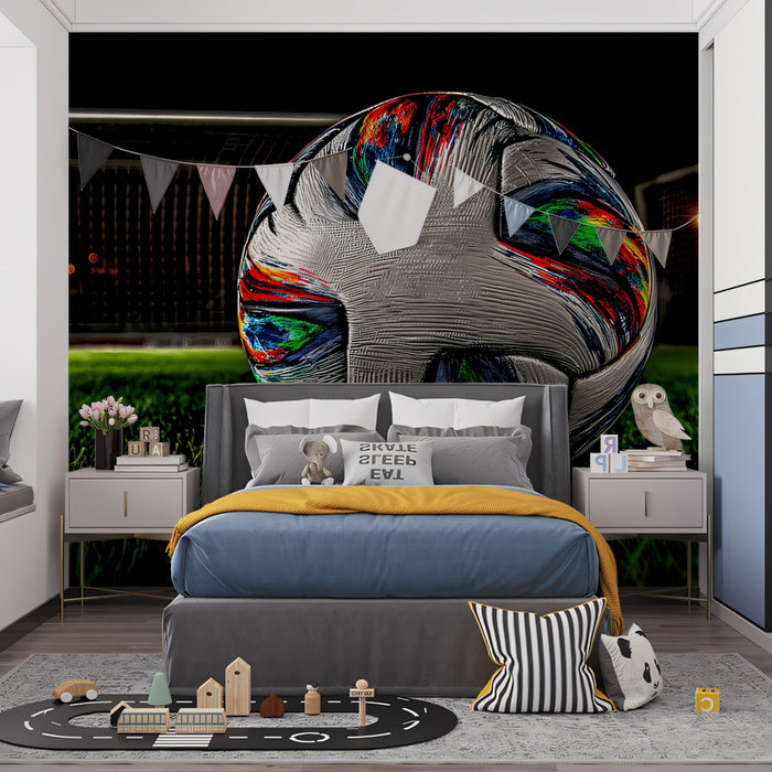 Multicolor Texture Soccer Ball Mural Wallpaper | Abstract Splatter, Night Match, High-Contrast Field