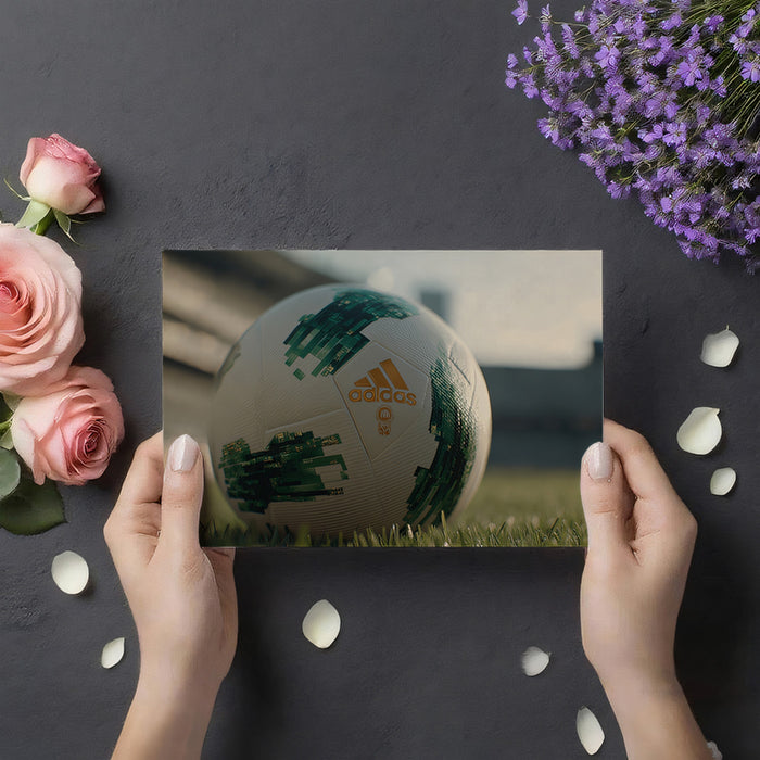 Clean Design Soccer Ball Mural Wallpaper | Green and Gold Accents, Shallow Depth of Field, Natural Light