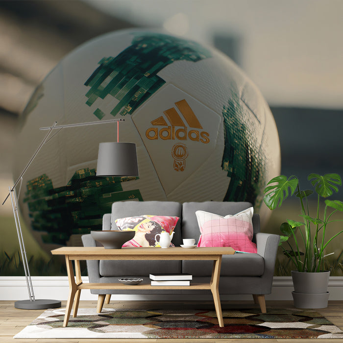 Clean Design Soccer Ball Mural Wallpaper | Green and Gold Accents, Shallow Depth of Field, Natural Light