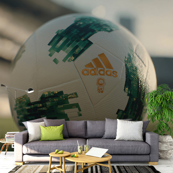 Clean Design Soccer Ball Mural Wallpaper | Green and Gold Accents, Shallow Depth of Field, Natural Light