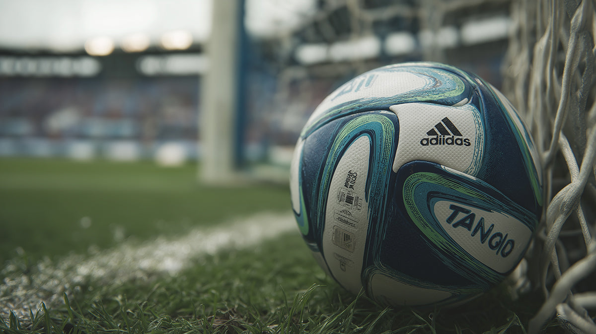 Adidas Tango Soccer Ball Close-up Mural Wallpaper | Cinematic Realism, Blue and Green Swirl, Goal Net Focus