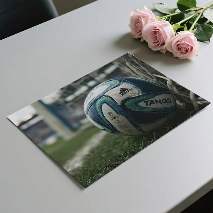 Adidas Tango Soccer Ball Close-up Mural Wallpaper | Cinematic Realism, Blue and Green Swirl, Goal Net Focus