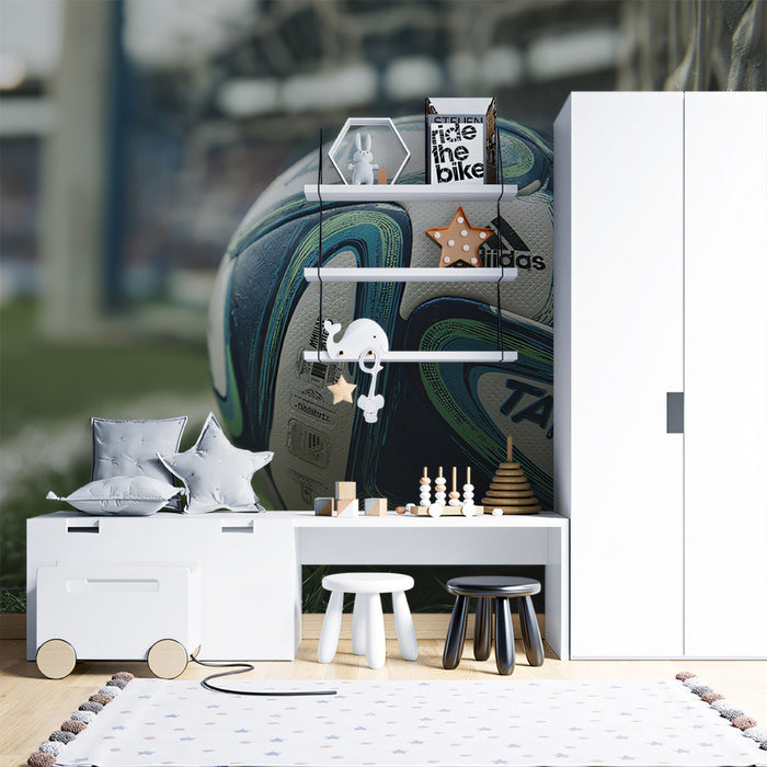 Adidas Tango Soccer Ball Close-up Mural Wallpaper | Cinematic Realism, Blue and Green Swirl, Goal Net Focus