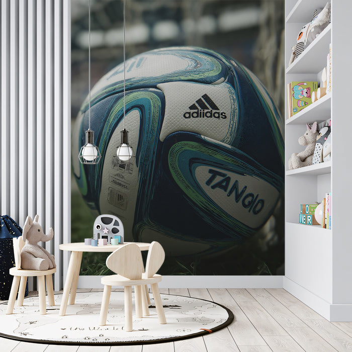 Adidas Tango Soccer Ball Close-up Mural Wallpaper | Cinematic Realism, Blue and Green Swirl, Goal Net Focus