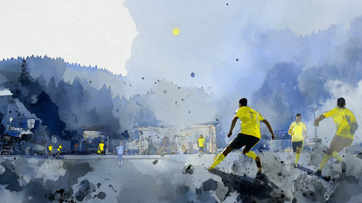 Watercolor style mural featuring soccer players in yellow kits on a blue and indigo abstract background