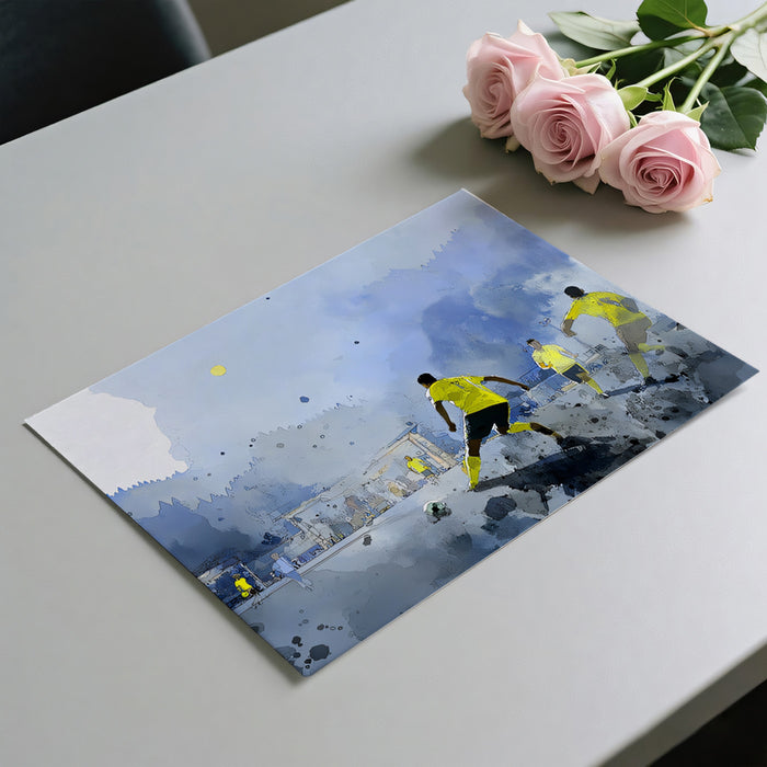 Watercolor Street Soccer Action Mural Wallpaper | Blue and Yellow Contrast, Sketchy Effect, Urban Play