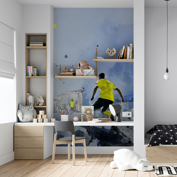 Watercolor Street Soccer Action Mural Wallpaper | Blue and Yellow Contrast, Sketchy Effect, Urban Play