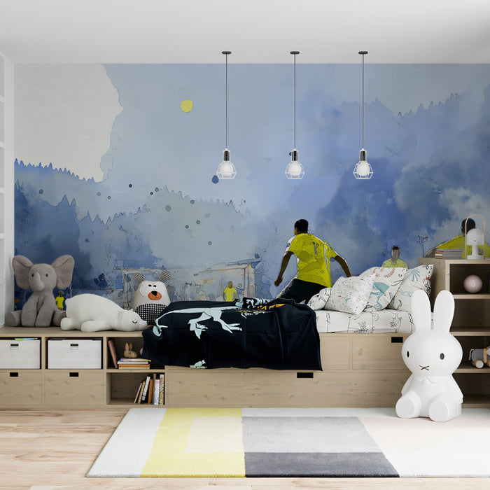 Watercolor Street Soccer Action Mural Wallpaper | Blue and Yellow Contrast, Sketchy Effect, Urban Play