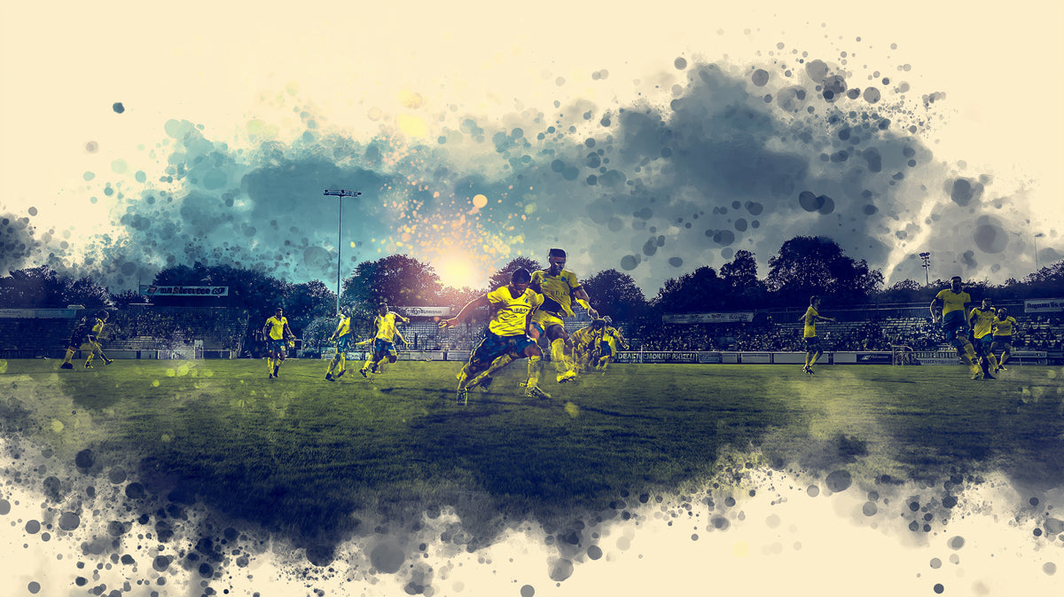 Cinematic Soccer Match Watercolor Mural Wallpaper | Yellow Uniforms, Dramatic Sky, Abstract Splatter Frame