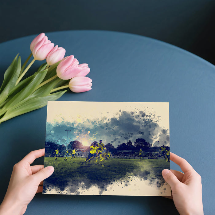 Cinematic Soccer Match Watercolor Mural Wallpaper | Yellow Uniforms, Dramatic Sky, Abstract Splatter Frame