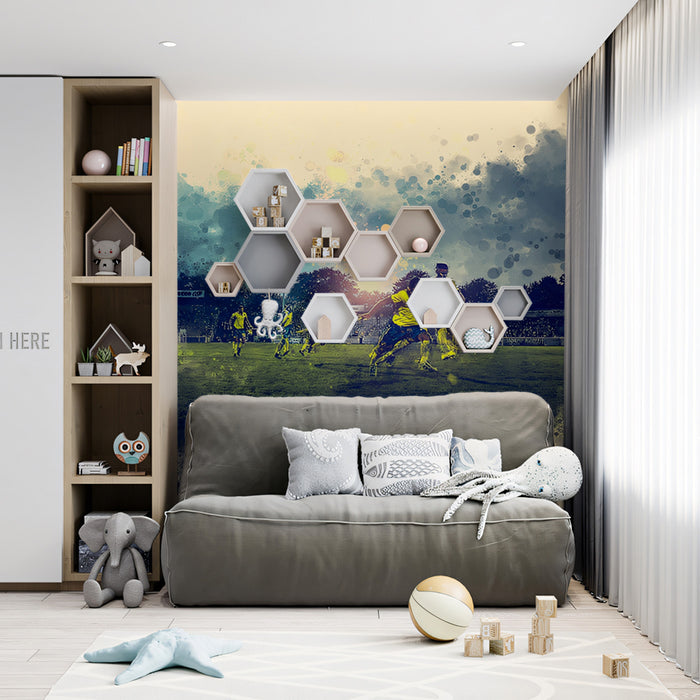 Cinematic Soccer Match Watercolor Mural Wallpaper | Yellow Uniforms, Dramatic Sky, Abstract Splatter Frame