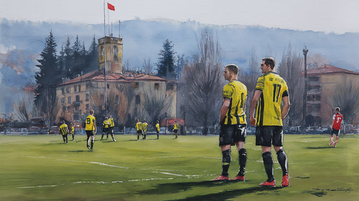 Watercolor painting of a soccer field with players in yellow jerseys, a distant building, and a green grass pitch.