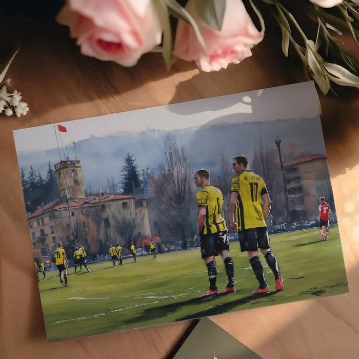 European Stadium Landscape Mural Wallpaper | Watercolor Art, Yellow and Black Uniforms, Rustic Architecture