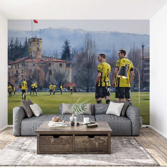 European Stadium Landscape Mural Wallpaper | Watercolor Art, Yellow and Black Uniforms, Rustic Architecture