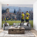 A home media room with a soccer field mural providing a sporty atmosphere for watching sports games.