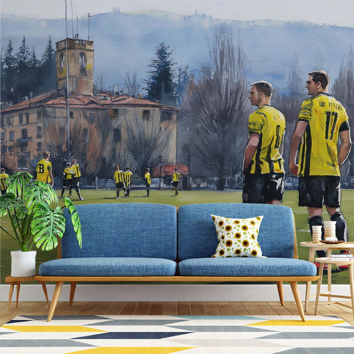 European Stadium Landscape Mural Wallpaper | Watercolor Art, Yellow and Black Uniforms, Rustic Architecture