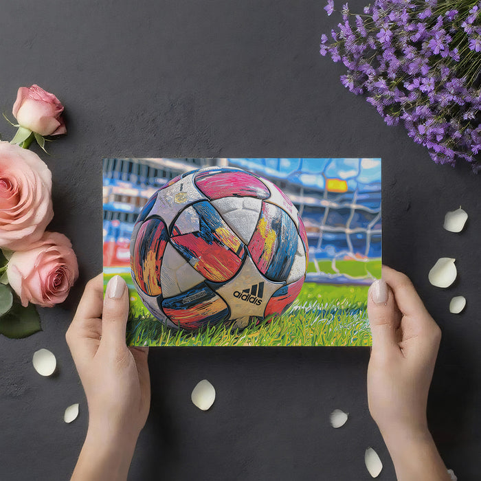 A bright, contemporary playroom with a large-scale artistic soccer ball mural on the main feature wall.