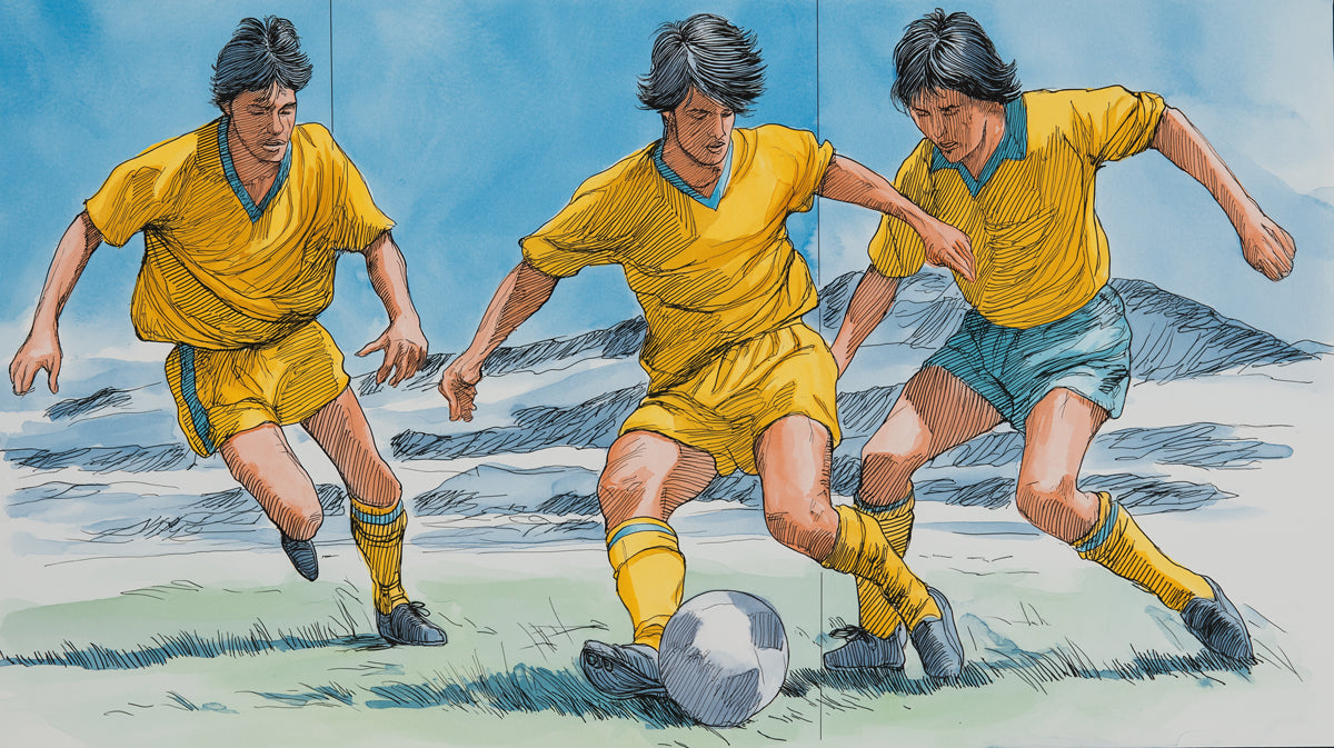 Retro comic style wallpaper featuring three soccer players in yellow uniforms on a green pitch.