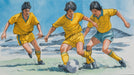 Hand-drawn illustration of soccer players in yellow jerseys dribbling a ball on a green field