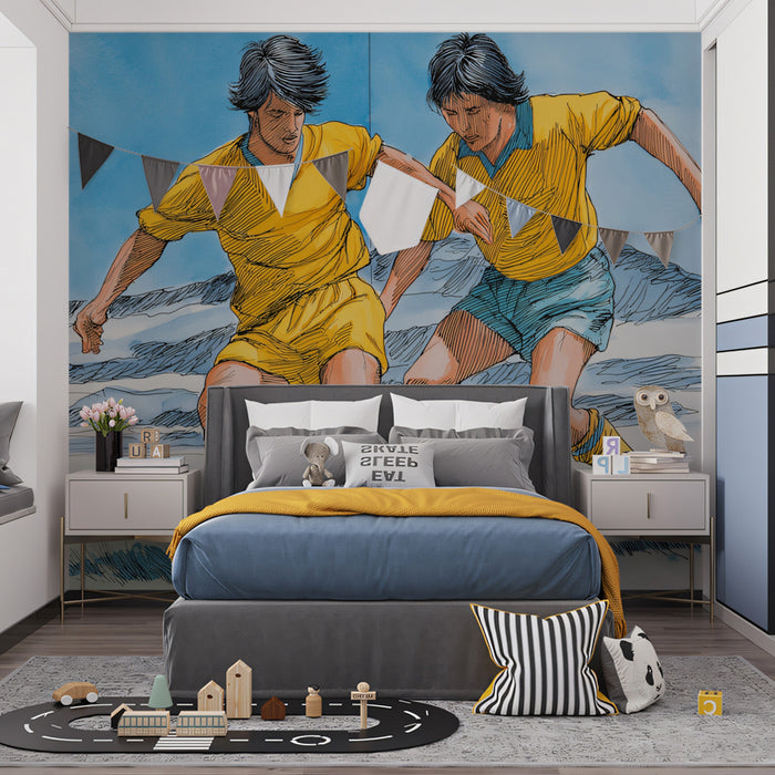 A lively playroom wall featuring soccer mural wallpaper with a clean modern aesthetic.