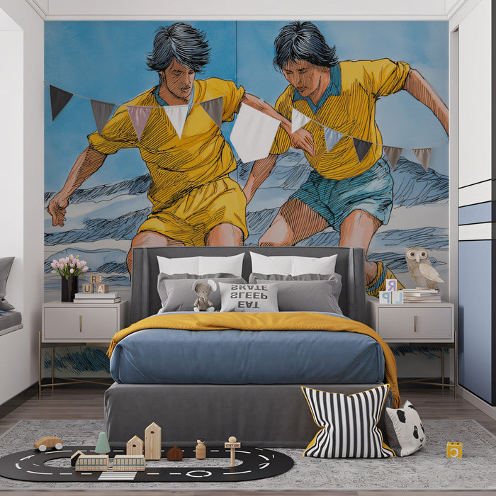 Bright gym space decorated with a dynamic soccer match sketch wallpaper