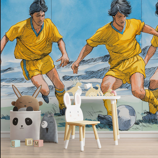Sporty bedroom interior with a soccer player mural behind a wooden desk
