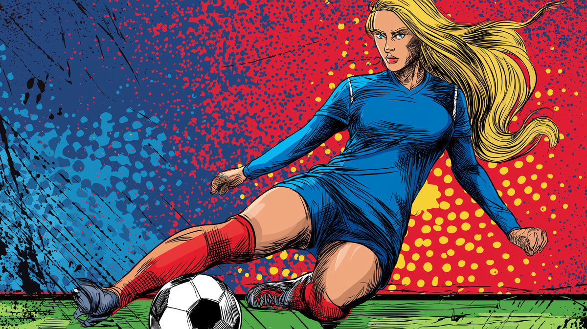 Pop art comic style mural of a female soccer player kicking a ball with blue, red, and yellow accents