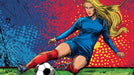 Pop art comic style mural of a female soccer player kicking a ball with blue, red, and yellow accents