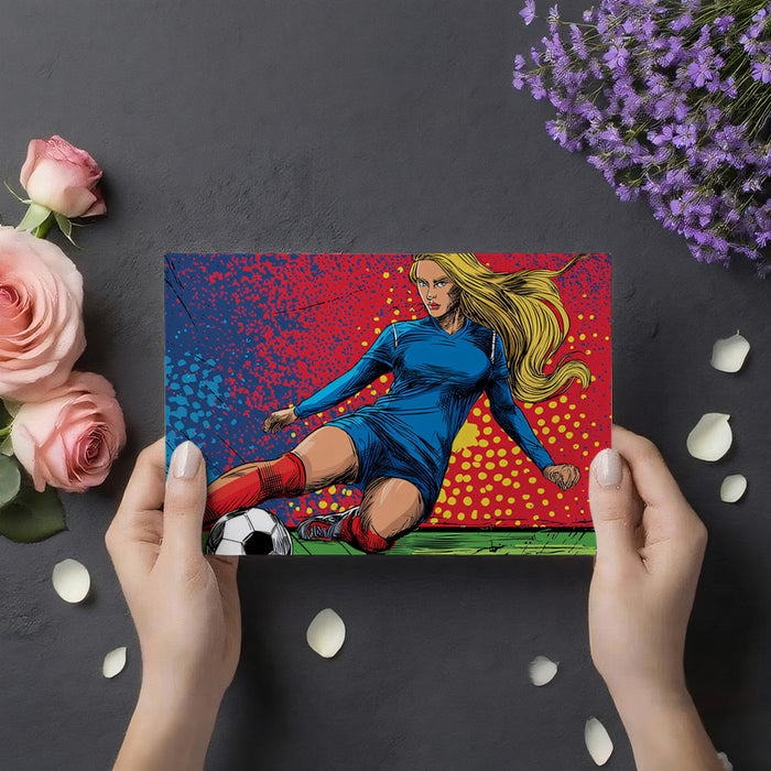 Female Footballer Pop Art Mural Wallpaper | Strong Figure, Red and Blue Contrast, Aggressive Grunge Style