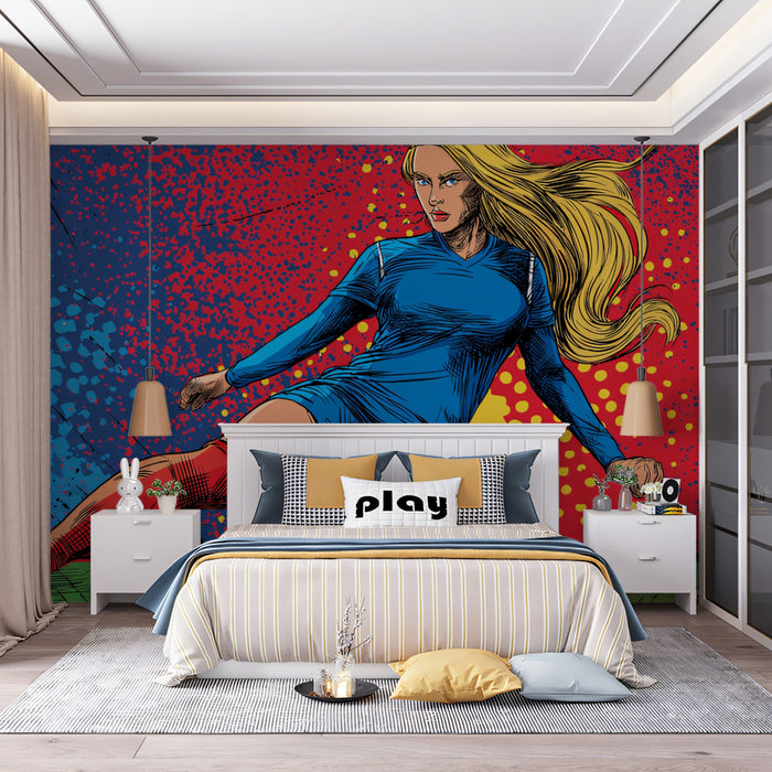 Female Footballer Pop Art Mural Wallpaper | Strong Figure, Red and Blue Contrast, Aggressive Grunge Style